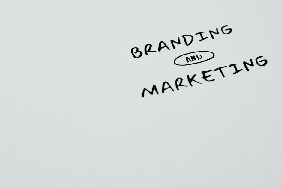 A minimalist image featuring the words Branding and Marketing on a white background
